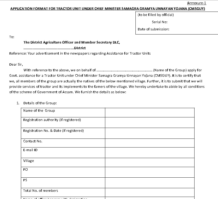 Assam Tractor Distribution Scheme Application Form